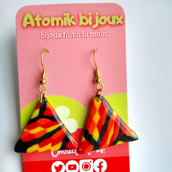 Handmade black, yellow, red and orange polymer clay earrings. Boucles d'oreilles - Picture 3 of 6